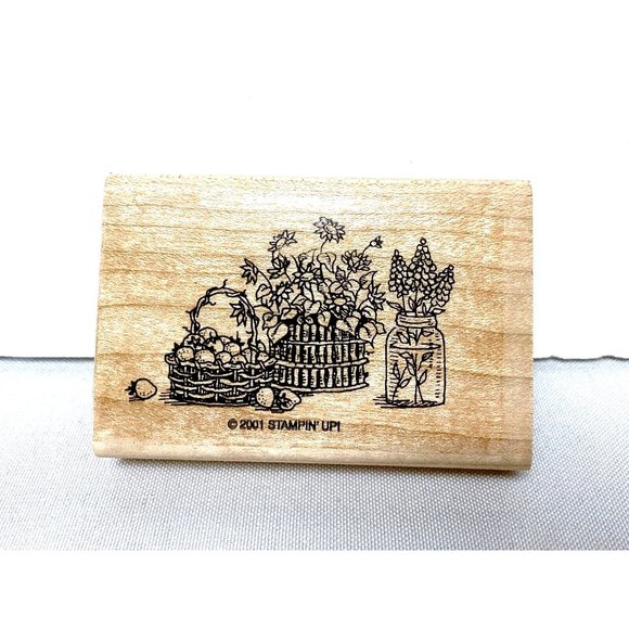 Stampin Up Fruit Flowers in Baskets Jar 2001 Wood Mounted Rubber Stamp 3 X 2" - Picture 2 of 5